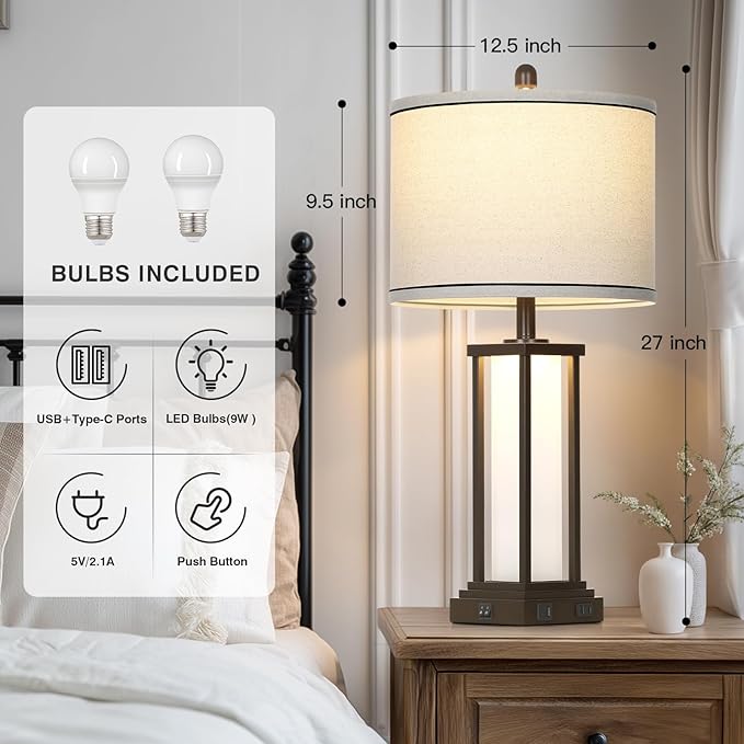 27in Tall Farmhouse Table Lamp Set of 2 with USB C+A & Outlet,Brown Industrial End Table Lamp for Living Room,Vintage Rustic Bedside Lamps with Night Light for Bedroom Nightstand,Brown - Bloomnest