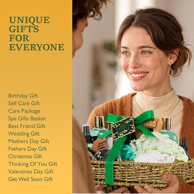 Home Spa Gift Basket, Bath Spa Kit for Women & Men, Bath & Shower Spa Gift Basket Set with Body Lotion, Shower Gel, Bubble Bath, Bath Bomb, Bath Gift Set for Mother, Wife Her, Eucalyptus & Amber Scent - Bloomnest
