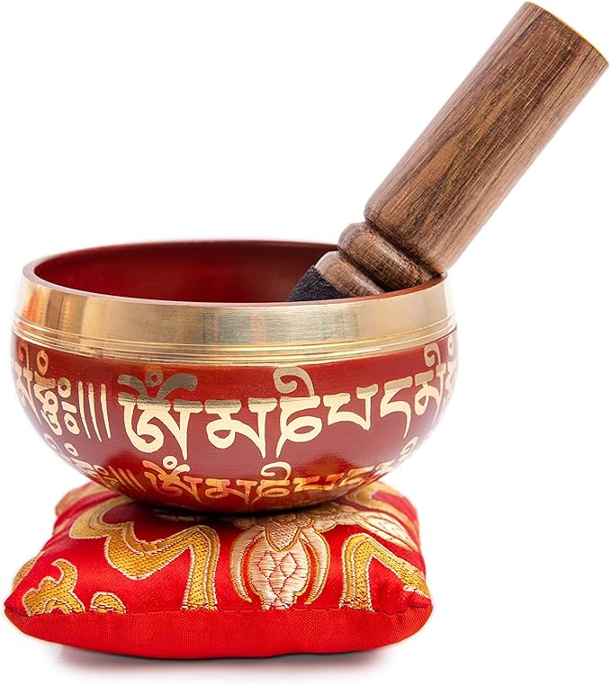 Tibetan Singing Bowl Set - Easy To Play for Beginners - Authentic Handcrafted Mindfulness Meditation Holistic Sound 7 Chakra Healing Gift by Himalayan Bazaar (Crimson) - Bloomnest