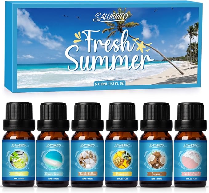 SALUBRITO Summer Fragrance Oils Set, Premium Essential Oils Set for Diffuser, Candle, Soap Making, Fresh Cotton, Coconut, Mojito, Pineapple, Ocean Breeze, Pink Island, Strong Scented Oils - Bloomnest