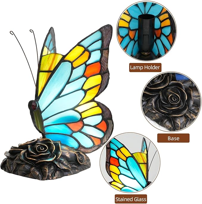 Sky Blue and Orange Bedside Lamp Cute Fun Butterfly Small Tiffany Lamp Vintage Style Stained Glass Table Lamp for Bedroom Dorm Decor Unique Nightstand Night Light Kids Gift Desk Lamps Rose Base - Bloomnest