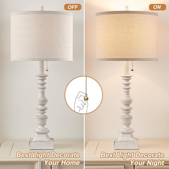 Farmhouse Table Lamps for Bedroom Set of 2, 29.5" Tall Rustic Bedside Lamp with USB Ports and AC Outlet, Vintage Nightstand Table Lamp for Living Room with Linen Drum Shade, White, Pull Chain - Bloomnest