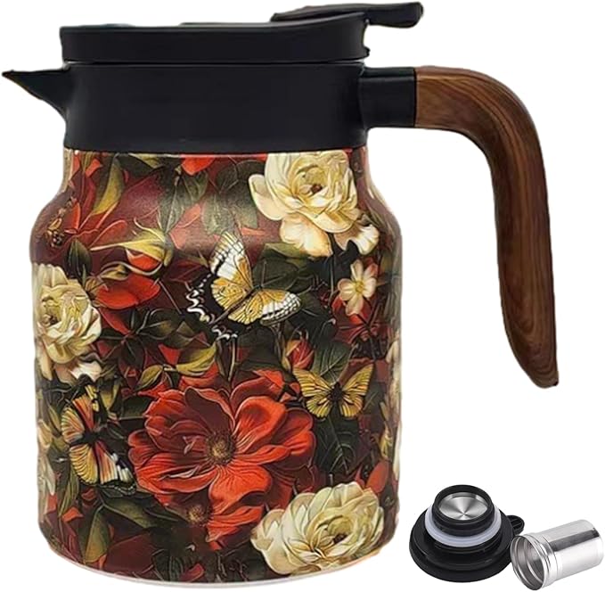 Vintage Floral Teapot with Built In Infuser, 2025 New Stainless Steel Thermal Teapot 1000ml Large Capacity to Meet Daily Needs (Pattern 11)