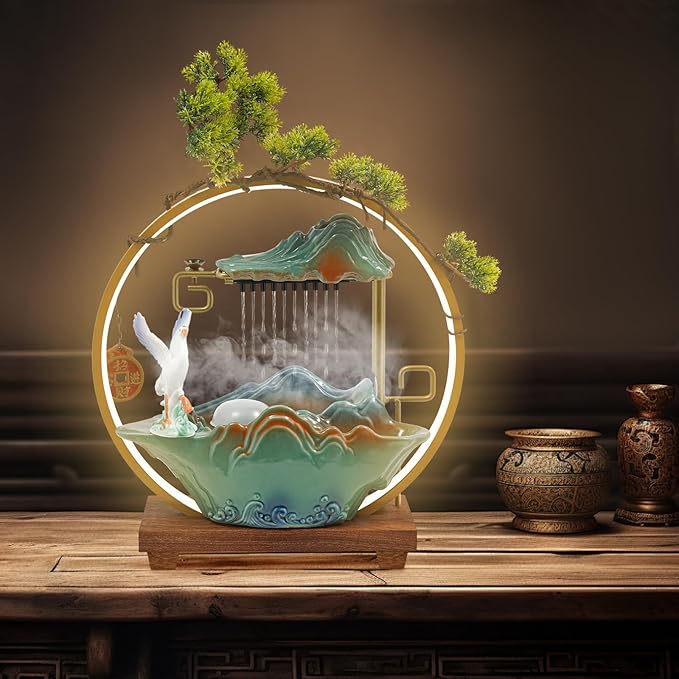 Tabletop Water Fountains, Indoor Water Fall with LED Light Zen Decor for Meditation with Mist, Japanese Decor with Fake Plants Feng Shui Decor for Good Luck Wealth - Bloomnest