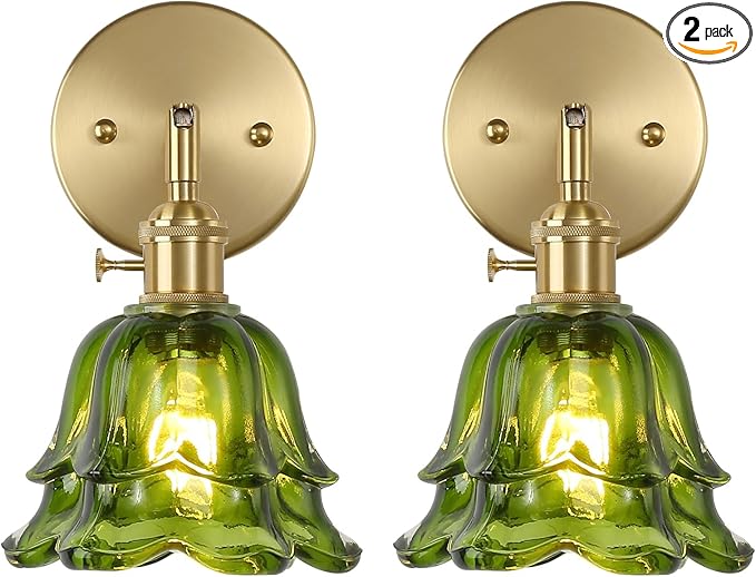 Vintage Wall Sconces Set of 2, Rose Green Lampshade & 180 Degree Adjustable, Brass Wall Lights, for Bedroom Living Room Hallway Aisle, Bulbs Not Included, ETL Listed - Bloomnest