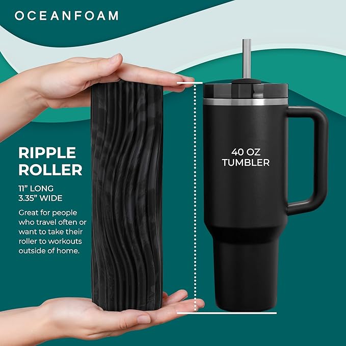 Oceanfoam Ripple Travel Foam Roller (11" x 3.35") Firm Mini Foam Roller for Physical Therapy, Deep Tissue Massage, Back Pain - High Density, Wave Textured - Yoga, Exercise (Black & Charcoal Marbled) - Bloomnest