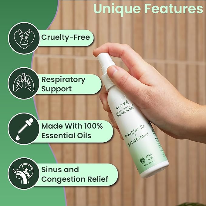 MOXE Aromatherapy Shower Spray - Douglas Fir & Peppermint, 100% Essential Oils, Made in USA, Aromatherapy, Sinus Congestion Relief, Respiratory Support, 4 Oz (1 Pack) - Bloomnest