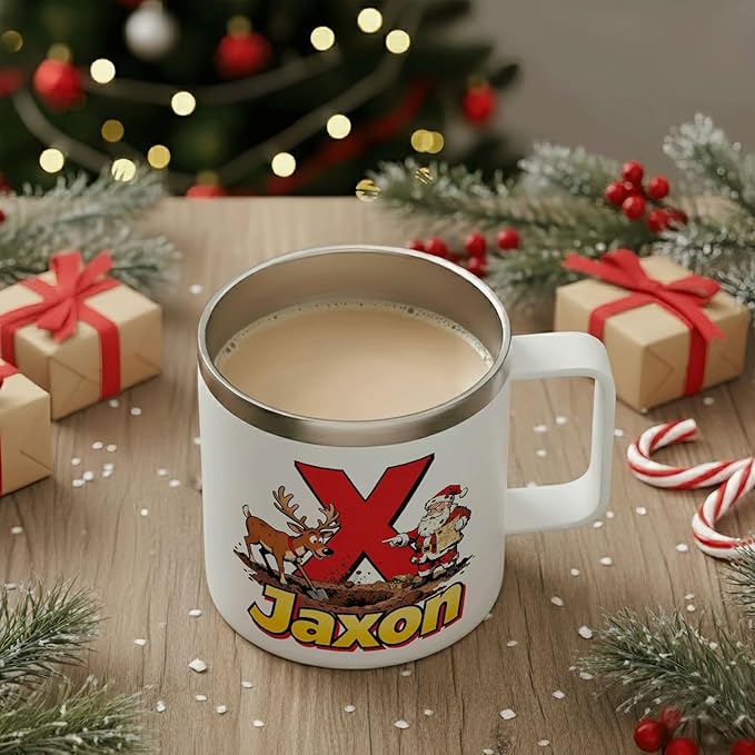 JugJug Personalized Christmas Mug with Initial & Name - Funny Treasure Hunt Santa 12oz Insulated Coffee Cup with Lid - Xmas Gifts for Boys, Kids (B155) - Bloomnest