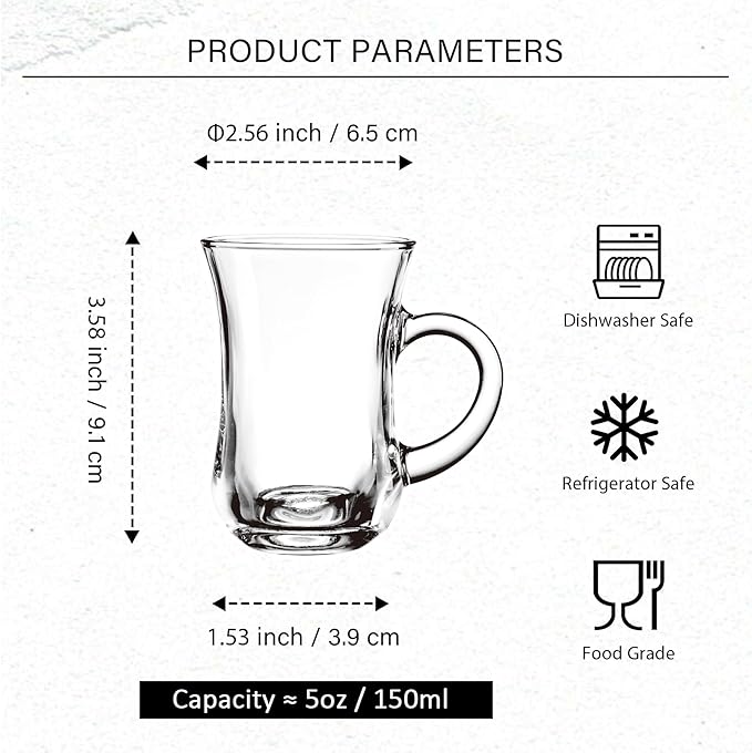 Turkish Tea Glasses With Handle - Tea Cups Set of 6 - Slim Waist Thick Sole Tea Glass for Hold Cold Drinks, 5 oz / 150ml - Bloomnest