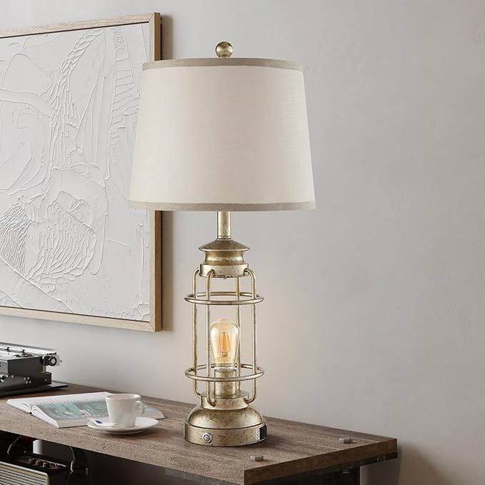 28.5" Retro Industrial Table Lamp for Living Room Bedroom Set of 2 Dimmable Touch Control Bedside Farmhouse Lamps with USB A+C Charging Ports and 2 Light Sources - Bloomnest