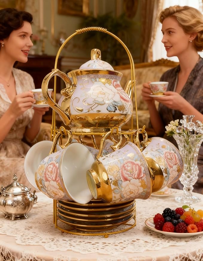 CHANJOON Gold Plated Red Rose Ceramic Tea Set, Vintage Tea Sets with Teapot, Beautiful Tea Set Coffee Serving 6 People (Purple, X Large) - Bloomnest
