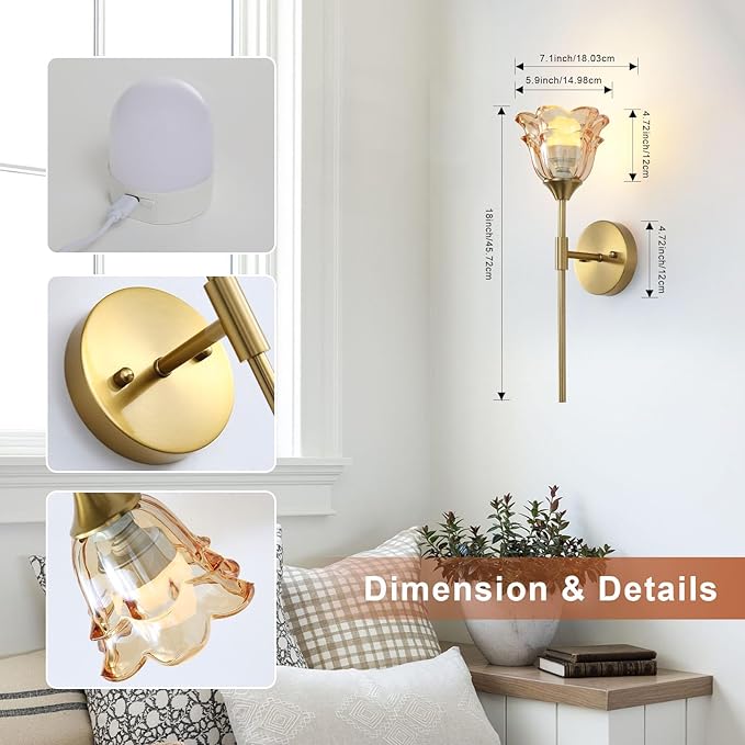 2 Pack Battery Operated Wall Sconce with Amber Glass Shades, Wireless Rechargeable RGB Wall Light with Remote Control, for Bedroom Mirror Living Room, ETL Listed - Bloomnest