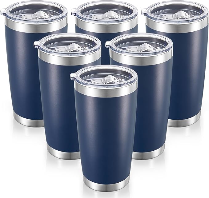 20 oz Tumblers Bulk Stainless Steel Tumbler with Lid Double Wall Vacuum Insulated Coffee Mug 20oz Powder Coated Cup for Hot and Cold Drinks, Navy, 6 pack - Bloomnest