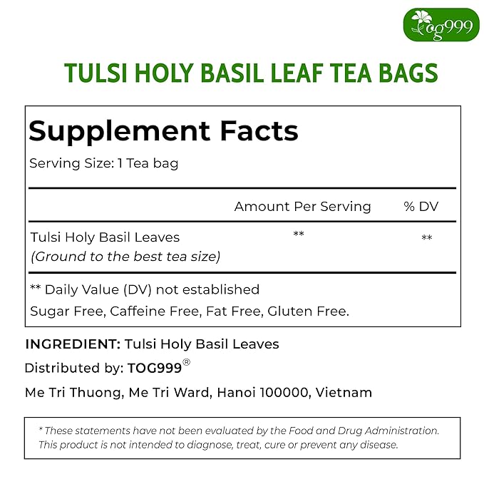 TOG999, Premium 120 Holy Basil Leaf Tea Bags, 100% Natural & Pure Holy Basil Leaves. Loose Leaf Holy Basil Herbal Tea. Holy Basil Leaf Tea. No Sugar, No Caffeine, No Gluten, Vegan. - Bloomnest