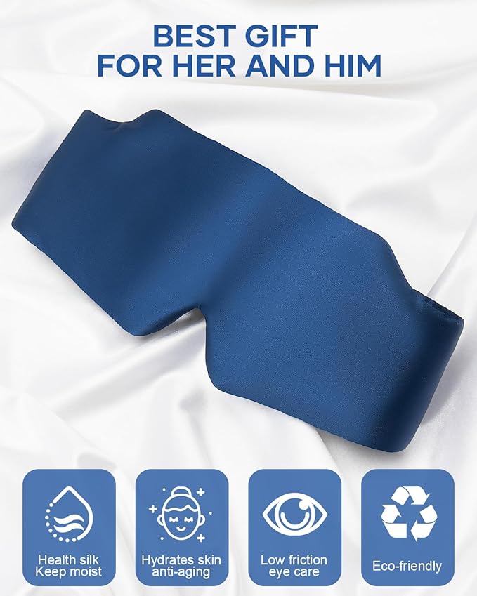 Silk Sleep Mask, Large Size Eye Mask Face Hugging Padded Sleep Blindfold Silk Eye Cover with Adjustable Band for Total Blackout for All Night Sleep (Navy Blue) - Bloomnest