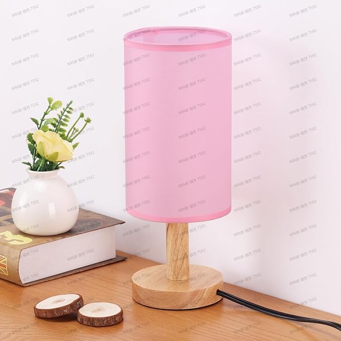 Pink Small Bedside Table Lamp for Bedroom,Natural Round Wood Base&Fabric Linen Shade,Cozy Night Table Light for Study Reading,Minimalist Boho Desk Lamp for Nightstand,Living Room,Nursery,Kitchen,Dorm - Bloomnest