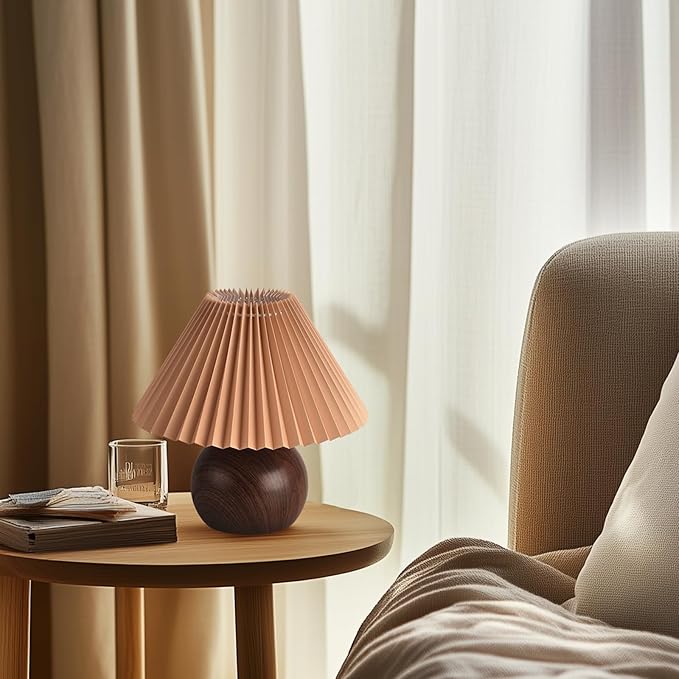 KUNJOULAM Retro Pleated Table Lamp, Modern Bedside Nightstand Lamp with Brown Shade, 5.9” Metal Base for Bedroom, Home Office, Living Room, Kids Dorm Without Bulb - Bloomnest