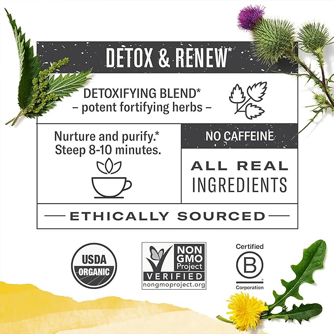 Numi Organic Dandelion Detox Herbal Tea - 16 Herbal Bags Caffeine‑Free Blend with Dandelion Root & Leaf Nettle Burdock Red Clover Milk Thistle Lemon Peel Cardamom & Lemon Myrtle for Gentle Cleanse