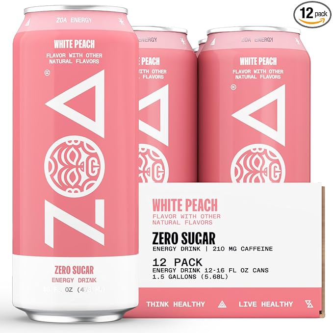 ZOA Zero Sugar Energy Drinks, White Peach - Sugar Free with Electrolytes, Healthy Vitamin C, Amino Acids, Essential B-Vitamins, and Caffeine from Green Tea - 16 Fl Oz (12-Pack) - Bloomnest