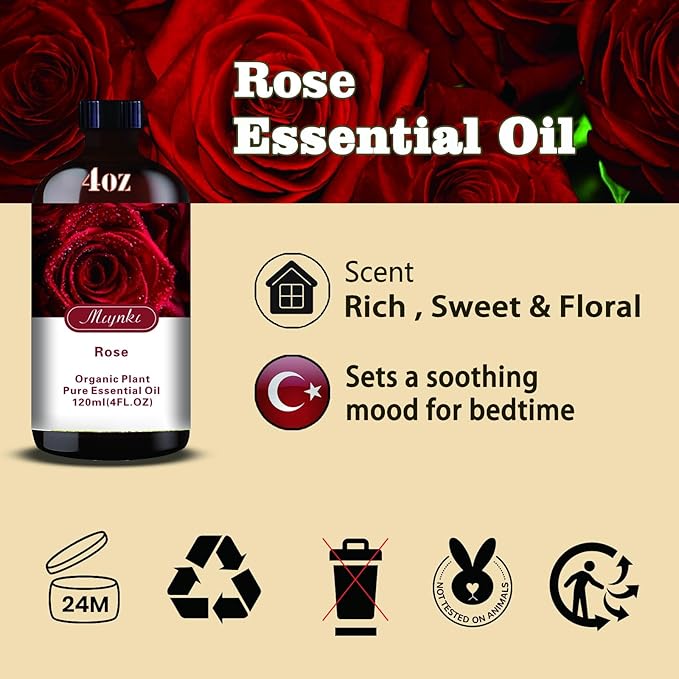 Rose Fragrance Oil-Rose Essential Oil 4.33oz (130ml)-100% Pure Natural Scent for Diffusers, Candles, Soap Making & Aromatherapy-Relaxing Home & Gift Essential Oil for Bath, Massage - Bloomnest