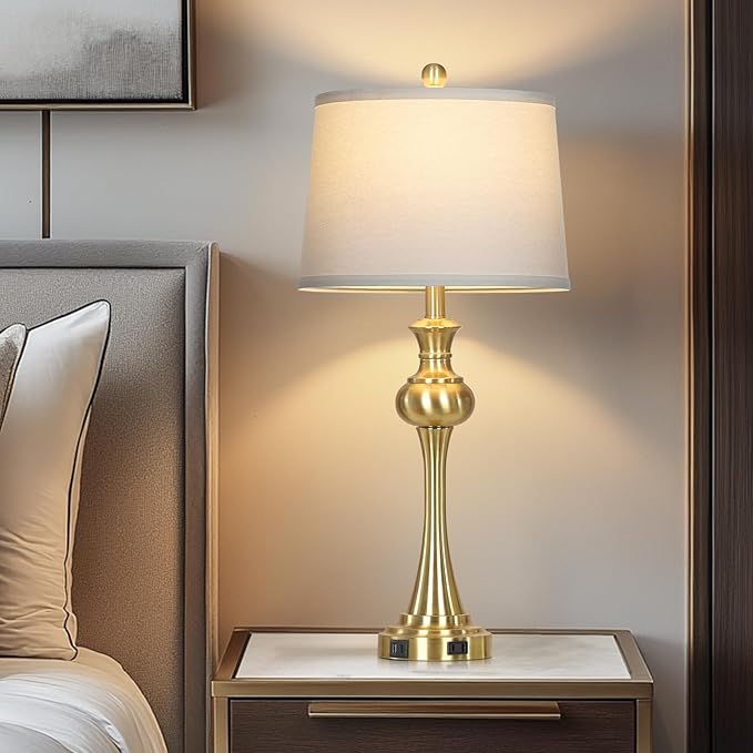 28.75'' Gold Table Lamps for Living Room, 3 Way Touch Control Bedside Lamps with USB A+C Ports & AC Outlets, Modern Metal Nightstand Lamps for Bedroom Living Room Office End Table（Bulb Included） - Bloomnest