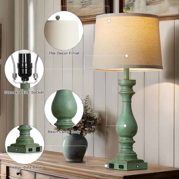 29" Tall Vintage Table Lamps Set of 2,Retro Green Bedside Lamps with USB C+A Ports & AC Outlet,3-Way Dimmable Touch Lamp for Night Stands Living Room Bedroom,Green - Bloomnest