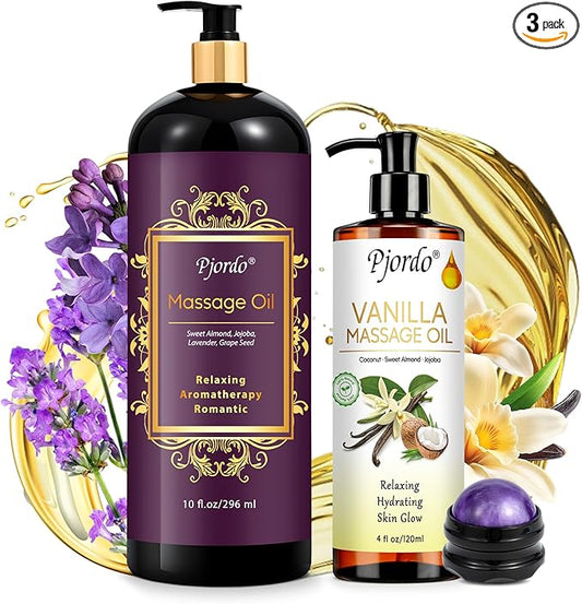 Massage Oil for Massage Therapy, Vanilla, Lavender Oil, with Massage Roller Ball, Massage Oils for Muscle Relaxing, Calming, Soothing & Moisturizing, Spa Gift Set for Her and Him