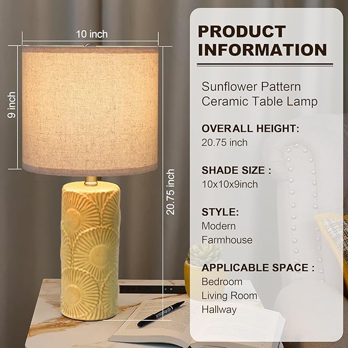 20.75" Ceramic Table Lamps for Living Room Set of 2, Yellow Flower Lamps for Bedroom Set of 2, Ceramic Bedside Lamp for Nightstand, Farmhouse Rustic Table Lamp for Home Decor - Bloomnest