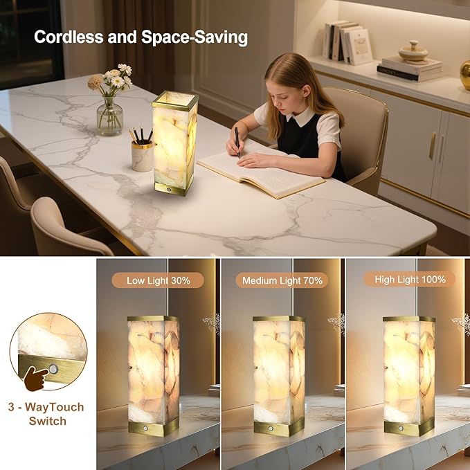 Scenekoy Alabaster Rechargeable Table Lamp for Living Room Bedroom Nightstand, Portable Battery Operated LED Bedside Lamp, Cordless Night Light for Home Office Dorm Desk Decor (Bulb Included) - Bloomnest