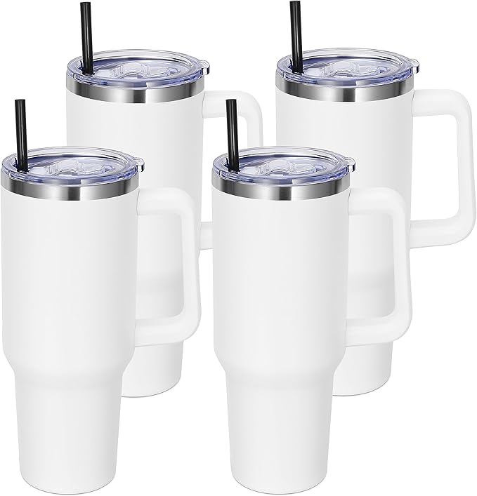 DOMICARE 40 oz Tumbler with Handle and Straw, Stainless Steel Tumbler with Lid and Straw, Reusable Vacuum Insulated Cup, Travel Coffee Mug, White, 4Pack - Bloomnest