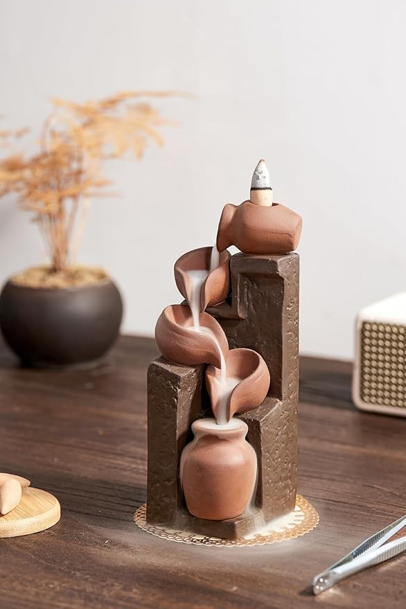 Unique Cascading Basins Ceramic Waterfall Incense Holder, Paired with a Pack of Backflow Incense Cones. (Primary) - Bloomnest