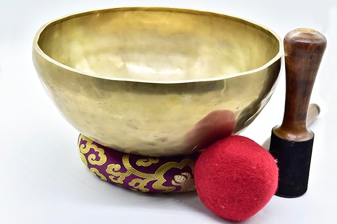 12" Large Master Healing Hand hammered Tibetan Singing Bowl - Great for Meditation, Yoga, Sound Bath, Mindfulness, Relaxation - Cushion, Wooden Mallet & Drumstick Included - Bloomnest