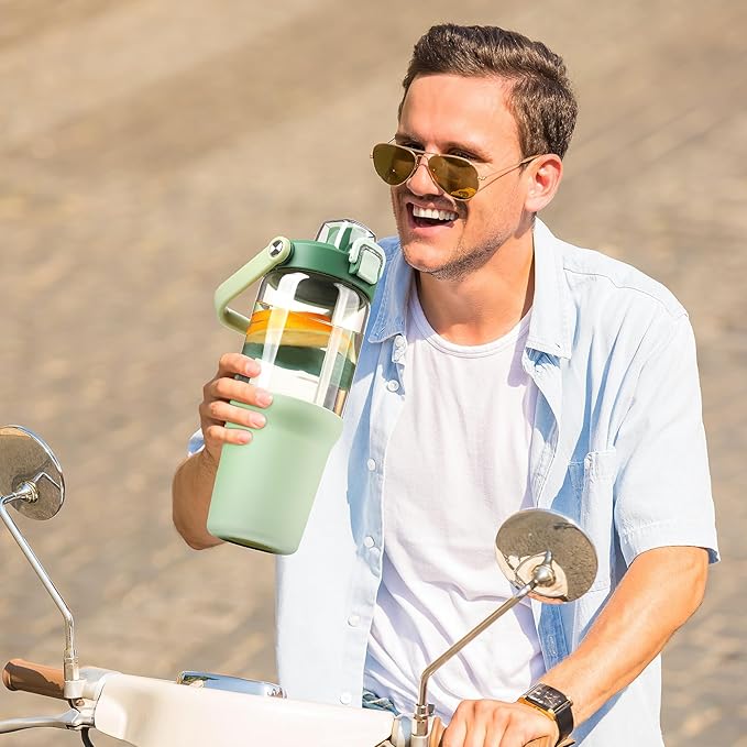 Glass Tumbler with Carry Handle, Clear Glass Water Bottle with Leakproof Lid, Spout Lid&Straw, BPA-Free, 32 oz, Light Green - Bloomnest