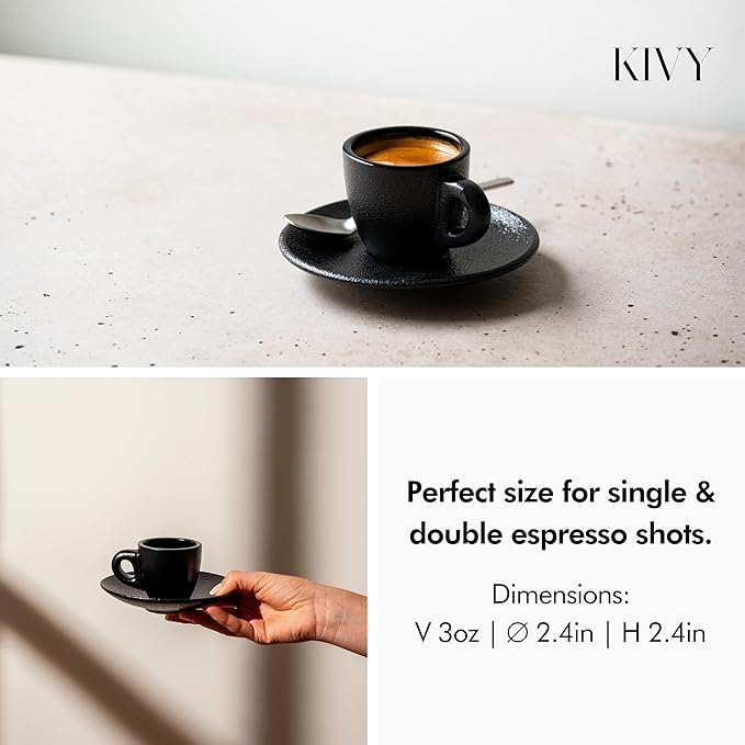 KIVY 3 oz Espresso cups set of 4 - Thick walled stoneware espresso cup set - Italian style cups and saucers - Demitasse cups set of 4 - Espresso mugs black - Coffee shot cups & saucers - Bloomnest