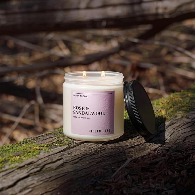 Hidden Label Rose & Sandalwood Scented Candle, 12oz 2 Wick Natural Soy Non Toxic Candles, Clean Burning Long Lasting Aromatherapy for Home | Gifts | Décor,Premium Scents for Relaxation & Stress Relief - Bloomnest