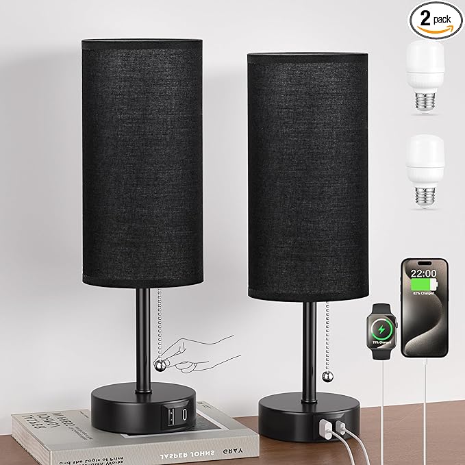 Black Bedside Lamps for Bedroom Set of 2 - Nightstand Table Lamp with USB Charging Port, Pull Chain Night Stand Light, Side Table Desk Reading Lamp for Living Room/Dorm/Bathroom/Kitchen - Bloomnest