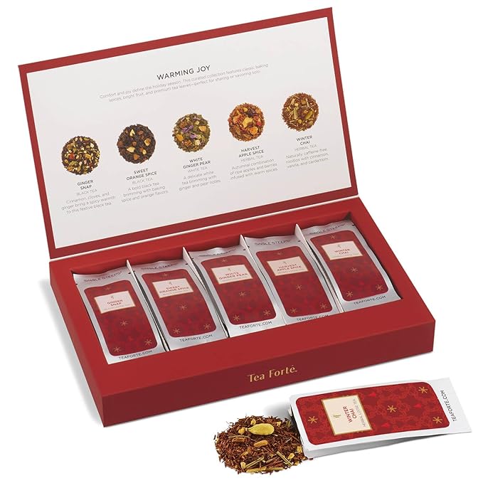 Tea Forte Warming Joy Hoilday Premium Single Steeps Loose Leaf Tea Gift Set Sampler, 15 Count 3 of Each Assorted Blends, Pre-Portioned Single Serve Pouches, Steeps 12 oz - Bloomnest