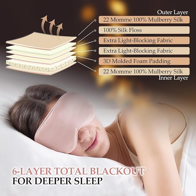 100% Mulberry Silk Sleep Mask for Unisex, 22 Momme 3D Silk Contoured Eye Mask, Breathable Light Blocking Blindfold with Adjustable Strap, Blackout Eye Cover for Travel, Pink - Bloomnest