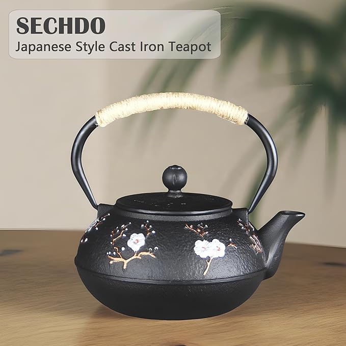 Cast Iron Teapot SECHUDO Teapot for Stovetop Safe Coated with Enameled Interior,Japanese Beautiful Tea Kettle with Stainless Steel Infuser for Loose Tea (30.4oz Plum Blossoms and Bird Pattern) - Bloomnest
