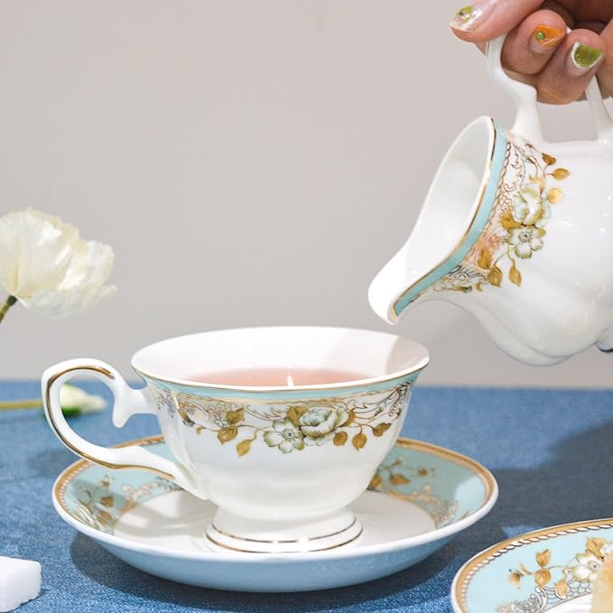 Bone China Tea Set, 21-Pieces Porcelain Tea Set for Adults, Tea Cups And Saucers for 6, with Teapot, Spoons, Sugar Bowl, Creamer Pitcher, Vintage Tea Set for Women Tea Party (Green) - Bloomnest