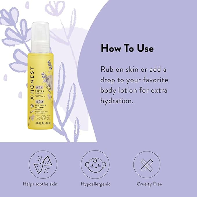 The Honest Company Lavender Infused Calming Body Oil Moisturize Nourish and Soothe Baby's Skin Plant-Based Hypoallergenic Vegan 4.0 fl oz - Bloomnest