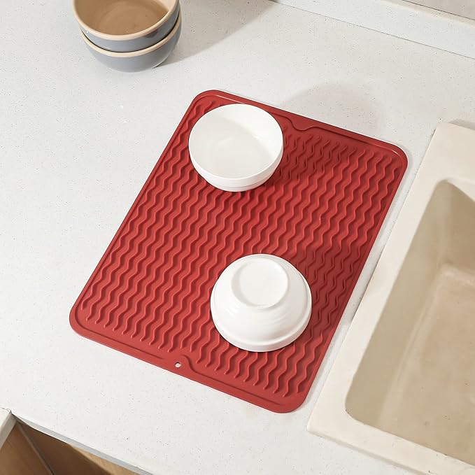 Silicone Dish Drying Mat for Multiple Usage,Easy clean,Eco-friendly,Heat-resistant Silicone Mat for Kitchen Counter or Sink,Refrigerator or drawer liner Red L 16 inches x 12 inches - Bloomnest