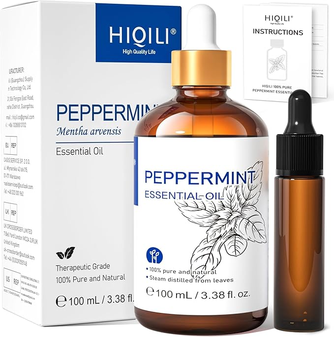 HIQILI Peppermint Essential Oil Add to Spray, Diffuser, Can Enjoy Air Freshening, Use in Kitchen, Bedroom, Office, Extra Free Travel Bottle - 3.38 Fl Oz/100 ML - Bloomnest