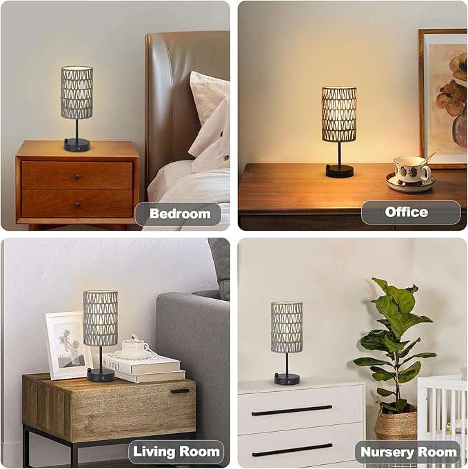 Touch Bedside Lamp For Bedroom with Bulb, Gray Boho Small Table Lamp For Living Room With Rattan & Linen Shade, 3 Way Dimmable Table Lamp For Nightstand With USB Charging Port & Phone Stand For Office - Bloomnest