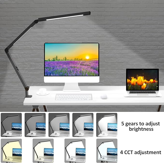 LED Desk Lamp with Clamp, Architect Desk Lamp with Dual Light and Adjustable Swing Arm, Clip-on Eye-Care 4 CCT Modes & 5 Brightness Levels Table Light Modern Computer Lighting for Home Office - Bloomnest