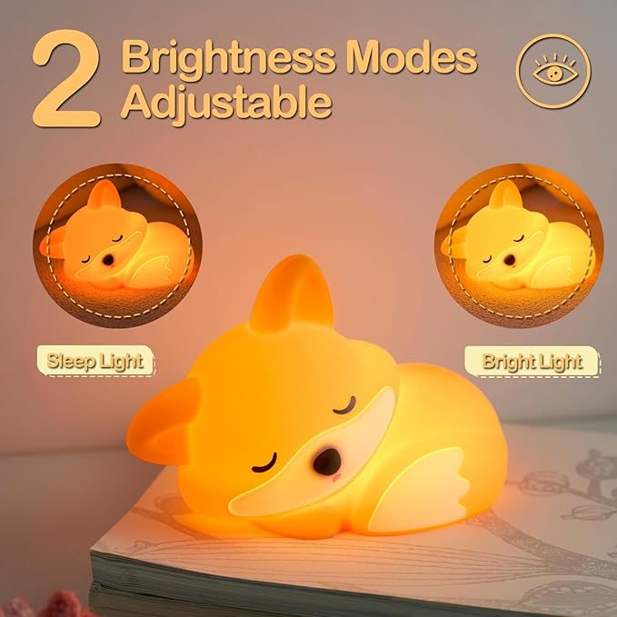 ATSUI Fox Night Light, LED Squishy Novelty Animal Lamp, Food Grade Silicone, 2 Level Dimmable, Nursery Nightlight for Desk Decor, Funny Gifts Stuff for Boys Girls Baby, White Elephant Gifts - Bloomnest