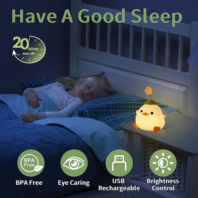 Attivolife Cute Duck Night Light, Animal Soft Silicone LED Lamp with Dimmable and Timer, Portable USB Rechargeable Bedroom Bedside Table Decor, Birthday Christmas Gifts for Girl Boy (Flower Hat) - Bloomnest