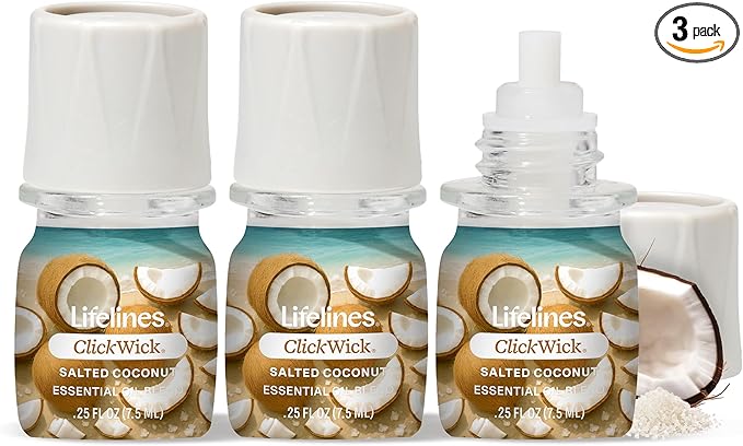 Lifelines ClickWick Essential Oil Blends for Lifelines Diffusers, 3-Pack Salted Coconut Set – Essential Oil Blend Refill for Candle, Plant & Shower Aromatherapy Diffuser – Fragrance for Diffusers - Bloomnest