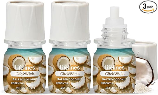 Lifelines ClickWick Essential Oil Blends for Lifelines Diffusers, 3-Pack Salted Coconut Set – Essential Oil Blend Refill for Candle, Plant & Shower Aromatherapy Diffuser – Fragrance for Diffusers - Bloomnest