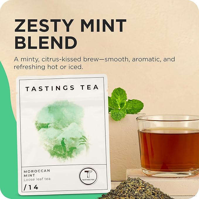 Tastings Tea Moroccan Mint Loose Leaf, 2 oz | Chinese Green Tea & Peppermint Blend | Light Caffeine | Crisp & Refreshing for Natural Digestion | Small Batch & Sustainably Sourced | Resealable Pouch - Bloomnest